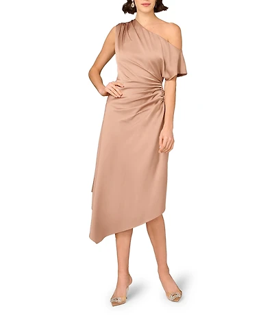 Aidan Mattox Crepe Back Satin One-Shoulder Neck Short Sleeve Pleated Asymmetrical Midi Dress