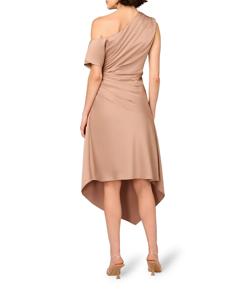 Aidan Mattox Crepe Back Satin One-Shoulder Neck Short Sleeve Pleated Asymmetrical Midi Dress