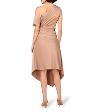 Aidan Mattox Crepe Back Satin One-Shoulder Neck Short Sleeve Pleated Asymmetrical Midi Dress