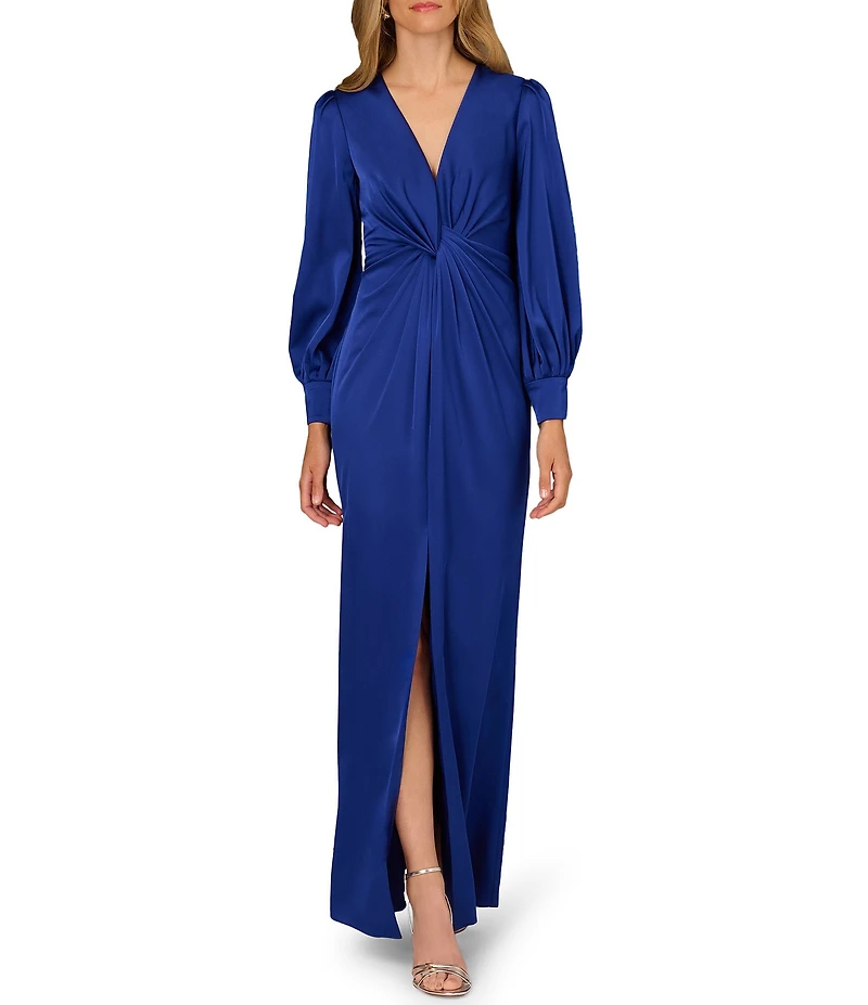 Aidan Mattox Crepe Back Satin V-Neckline Long Sleeve Front Knot Front Slit Long Dress
