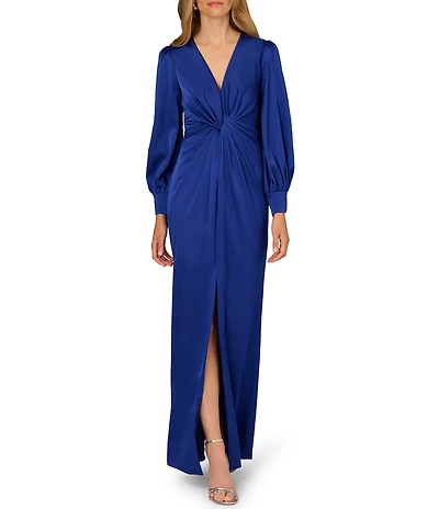 Aidan Mattox Crepe Back Satin V-Neckline Long Sleeve Front Knot Front Slit Long Dress