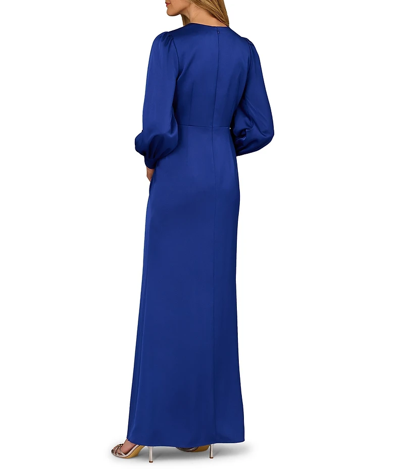 Aidan Mattox Crepe Back Satin V-Neckline Long Sleeve Front Knot Front Slit Long Dress