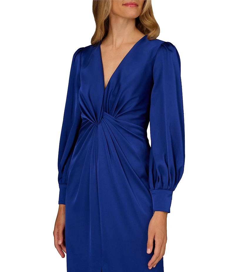 Aidan Mattox Crepe Back Satin V-Neckline Long Sleeve Front Knot Front Slit Long Dress