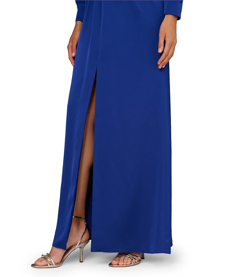 Aidan Mattox Crepe Back Satin V-Neckline Long Sleeve Front Knot Front Slit Long Dress