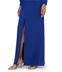 Aidan Mattox Crepe Back Satin V-Neckline Long Sleeve Front Knot Front Slit Long Dress