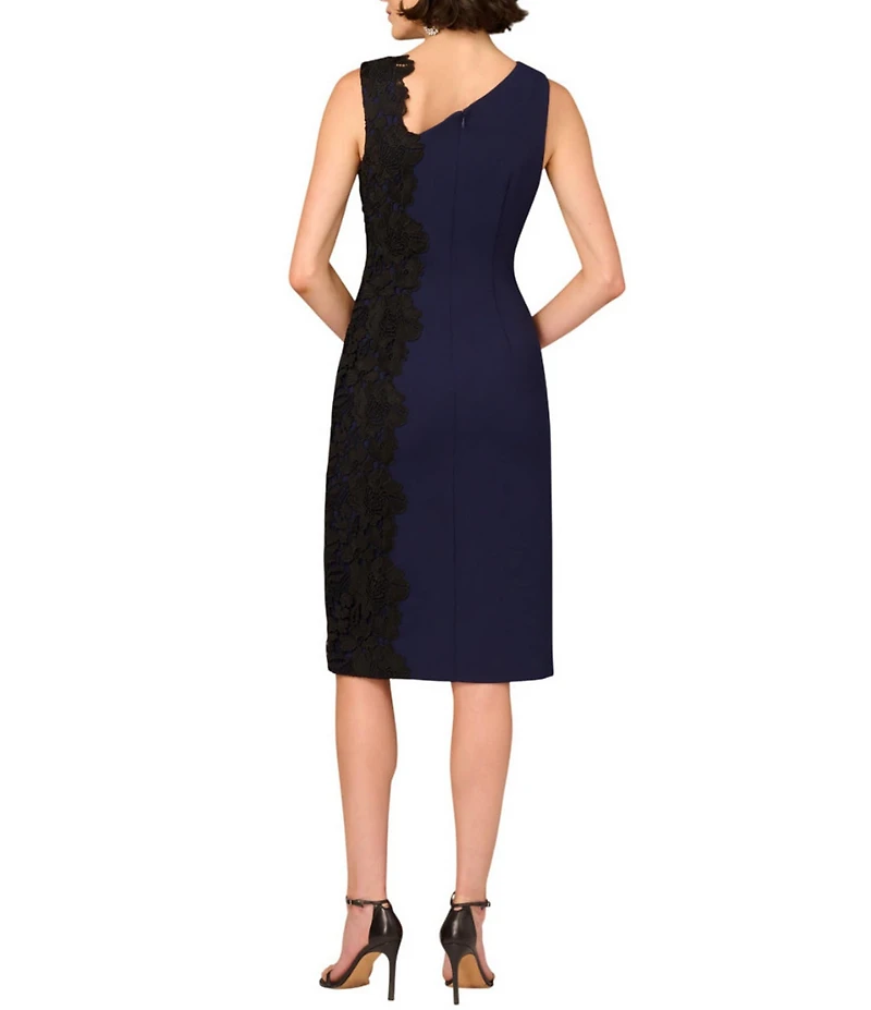 Aidan Mattox Crepe Knit Asymmetrical Neck Side Lace Panel Sheath Midi Dress