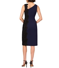 Aidan Mattox Crepe Knit Asymmetrical Neck Side Lace Panel Sheath Midi Dress