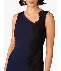 Aidan Mattox Crepe Knit Asymmetrical Neck Side Lace Panel Sheath Midi Dress