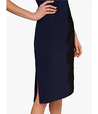 Aidan Mattox Crepe Knit Asymmetrical Neck Side Lace Panel Sheath Midi Dress