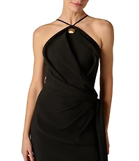 Aidan Mattox Crepe Pleated Halter Midi Dress