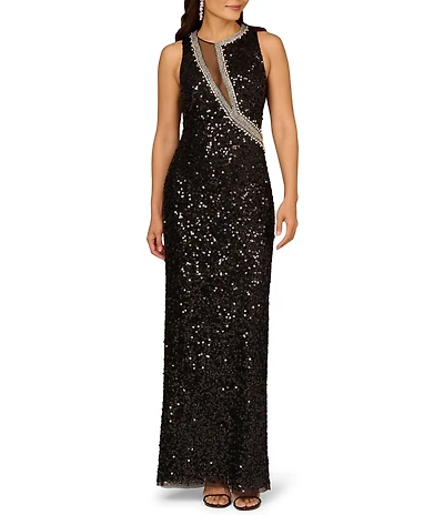 Aidan Mattox Crew Neck Sleeveless Sequin Gown