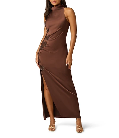 Aidan Mattox Embroidery Satin Halter Mock Neck Sleeveless Long Sheath Dress