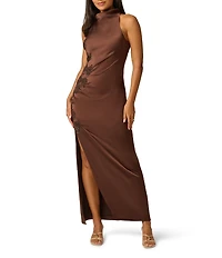 Aidan Mattox Embroidery Satin Halter Mock Neck Sleeveless Long Sheath Dress