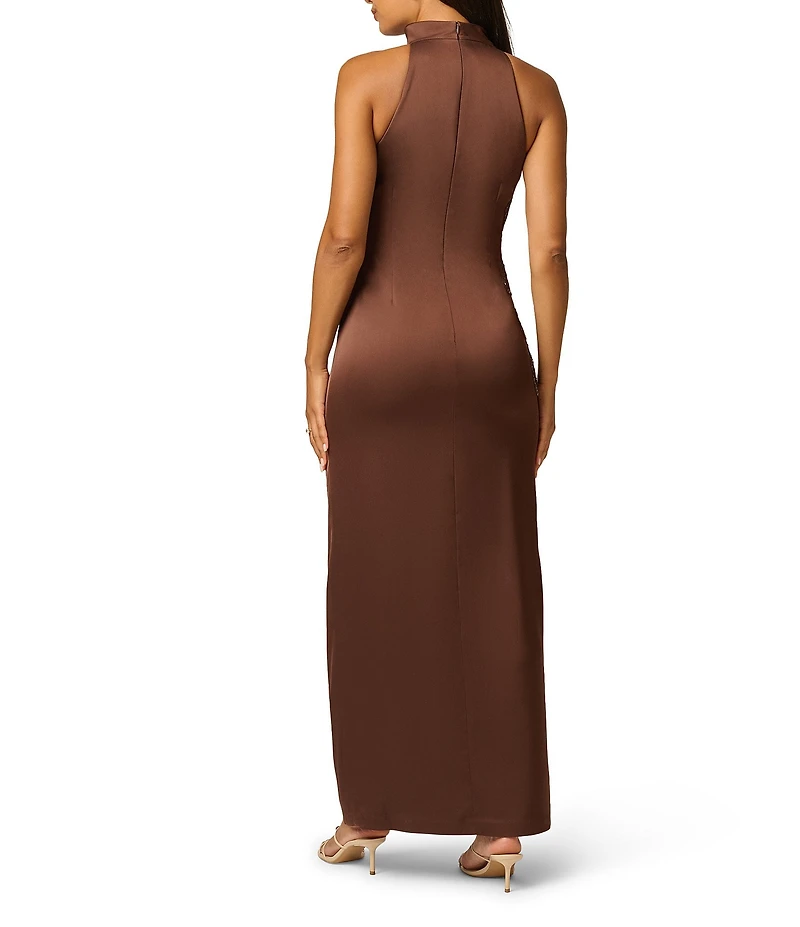 Aidan Mattox Embroidery Satin Halter Mock Neck Sleeveless Long Sheath Dress