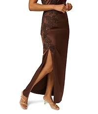 Aidan Mattox Embroidery Satin Halter Mock Neck Sleeveless Long Sheath Dress
