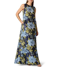 Aidan Mattox Floral Jacquard Crew Neck Sleeveless Long Shift Dress