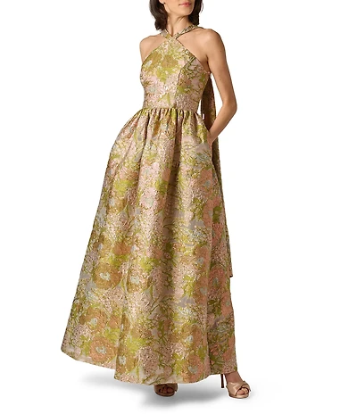 Aidan Mattox Floral Jacquard Halter Scarf Neckline Long Dress