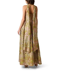 Aidan Mattox Floral Jacquard Halter Scarf Neckline Long Dress