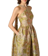 Aidan Mattox Floral Jacquard Halter Scarf Neckline Long Dress