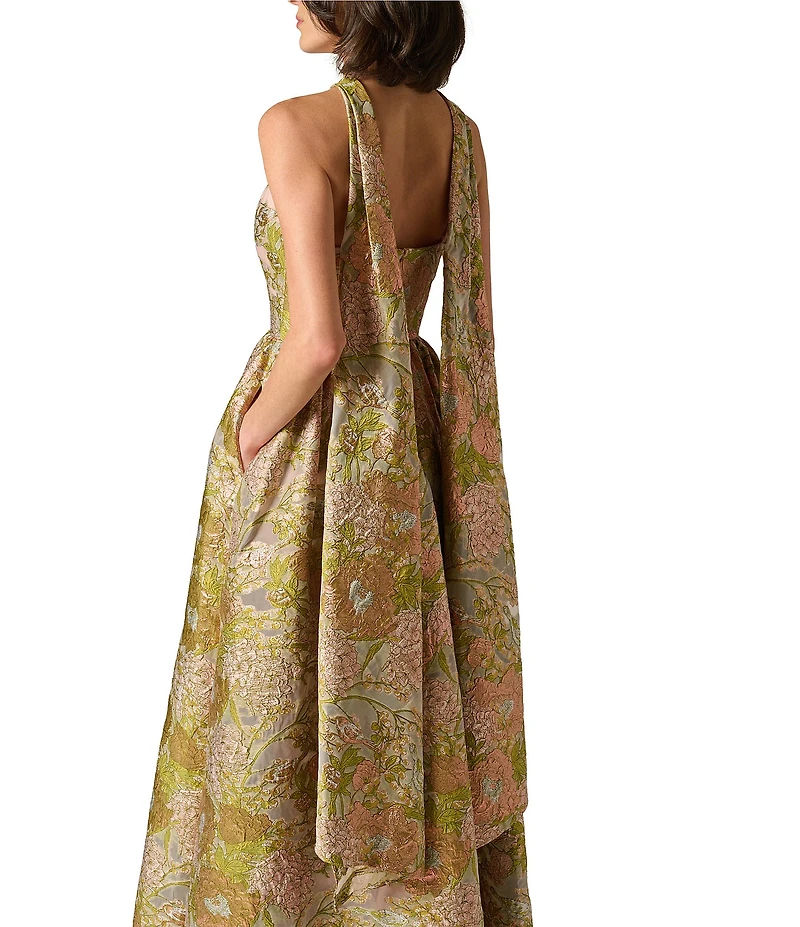 Aidan Mattox Floral Jacquard Halter Scarf Neckline Long Dress
