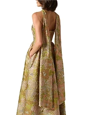 Aidan Mattox Floral Jacquard Halter Scarf Neckline Long Dress