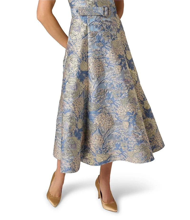 Aidan Mattox Floral Jacquard V-Neck Sleeveless Belted Midi Shirt Dress