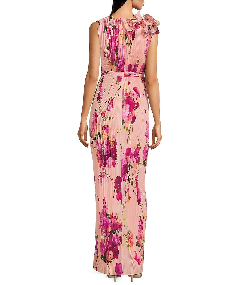 Aidan Mattox Floral Pleated Gown With Flower Detail