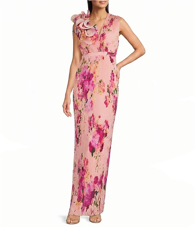 Aidan Mattox Floral Pleated Gown With Flower Detail