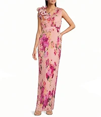 Aidan Mattox Floral Pleated Gown With Flower Detail