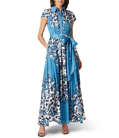 Aidan Mattox Floral Print Chiffon Short Sleeve Self Tie Long Shirt Dress