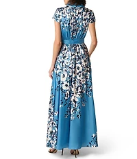 Aidan Mattox Floral Print Chiffon Short Sleeve Self Tie Long Shirt Dress