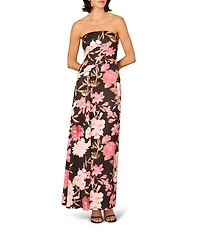 Aidan Mattox Floral Print Crepe Back Satin Long Sheath Dress