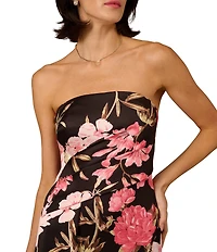 Aidan Mattox Floral Print Crepe Back Satin Long Sheath Dress