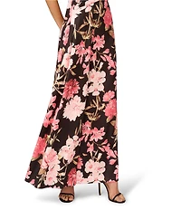 Aidan Mattox Floral Print Crepe Back Satin Long Sheath Dress