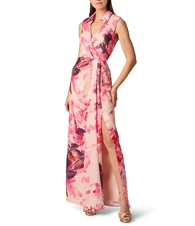 Aidan Mattox Floral Print Sateen Sleeveless V-Neck Skirt Drape Shirt Dress