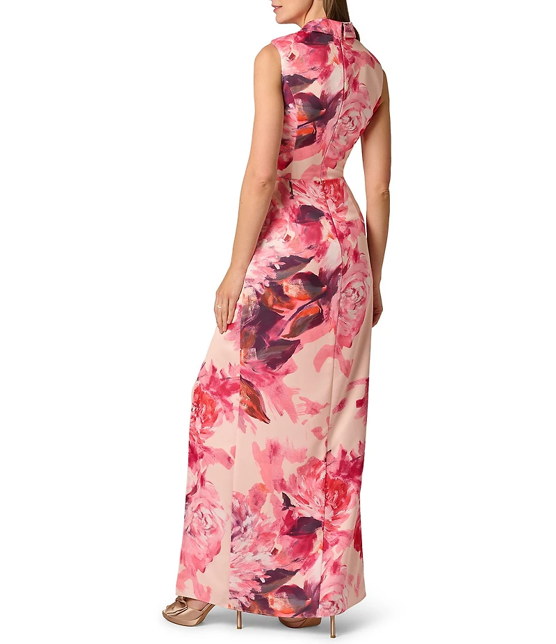 Aidan Mattox Floral Print Sateen Sleeveless V-Neck Skirt Drape Shirt Dress