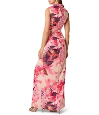 Aidan Mattox Floral Print Sateen Sleeveless V-Neck Skirt Drape Shirt Dress
