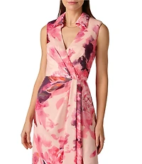 Aidan Mattox Floral Print Sateen Sleeveless V-Neck Skirt Drape Shirt Dress