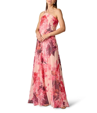 Aidan Mattox Floral Printed Chiffon With Scarf Long Dress