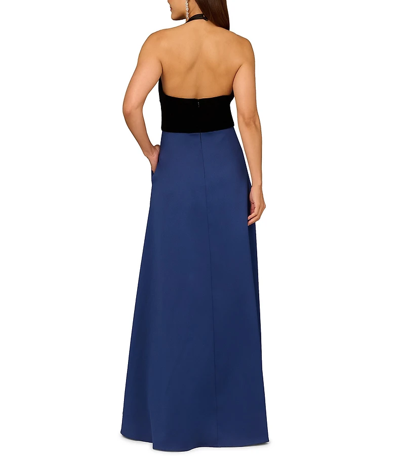 Aidan Mattox Halter Deep V-Neck Satin Velvet A-Line Gown