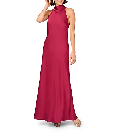 Aidan Mattox Halter Neck Sleeveless Satin Sheath Tie Back Gown