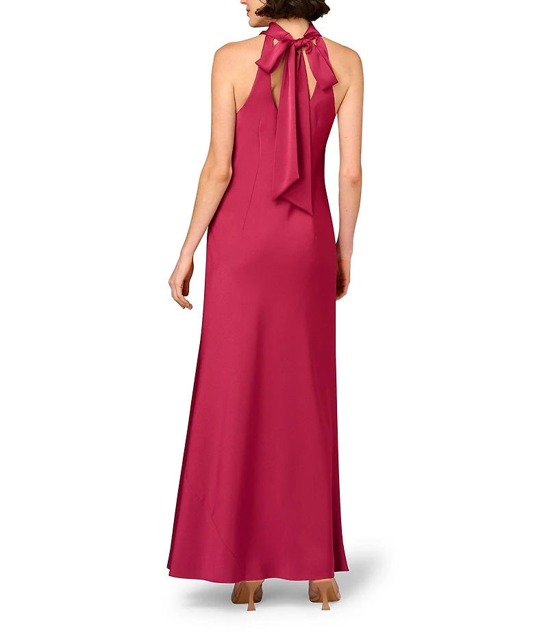 Aidan Mattox Halter Neck Sleeveless Satin Sheath Tie Back Gown