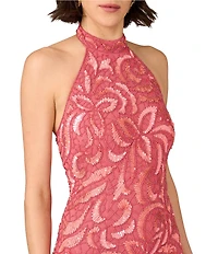 Aidan Mattox Halter Sleeveless Floral Beaded Mesh Sheath Dress