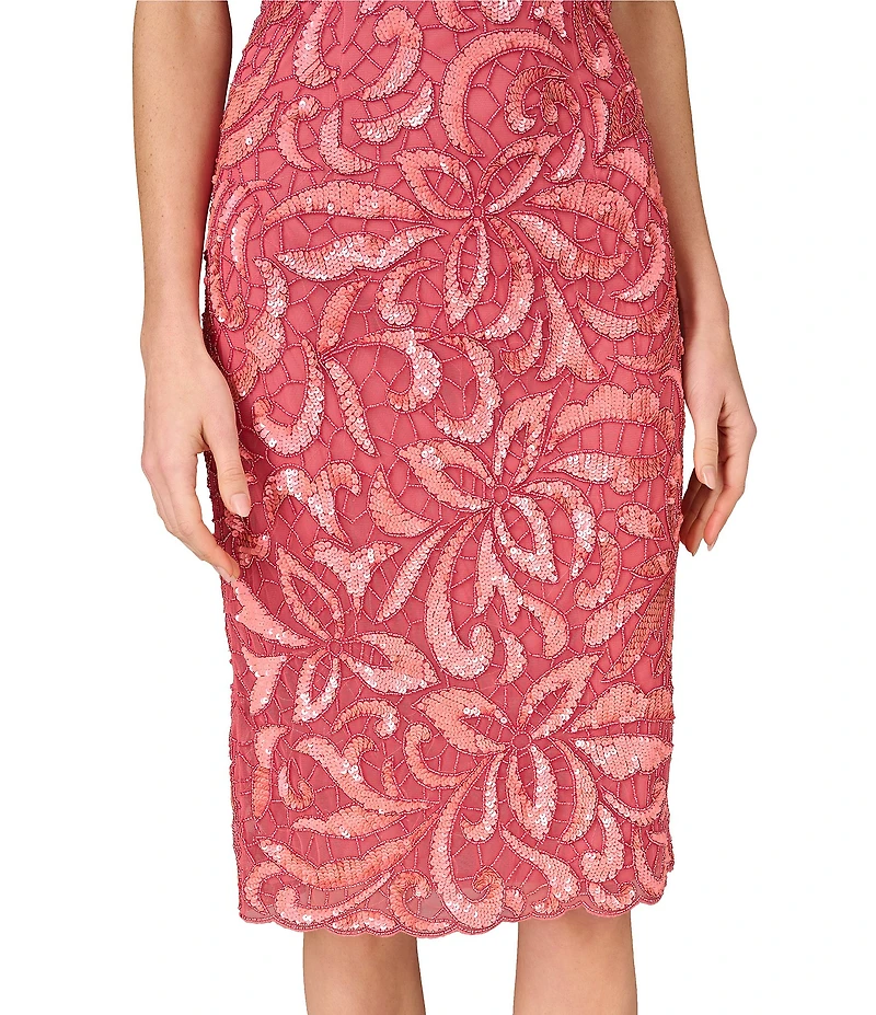 Aidan Mattox Halter Sleeveless Floral Beaded Mesh Sheath Dress