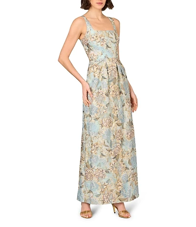 Aidan Mattox Jacquard Floral Print Square Neck Sleeveless Pleated Sheath Gown
