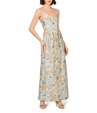 Aidan Mattox Jacquard Floral Print Square Neck Sleeveless Pleated Sheath Gown