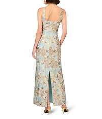 Aidan Mattox Jacquard Floral Print Square Neck Sleeveless Pleated Sheath Gown