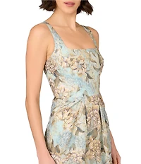 Aidan Mattox Jacquard Floral Print Square Neck Sleeveless Pleated Sheath Gown