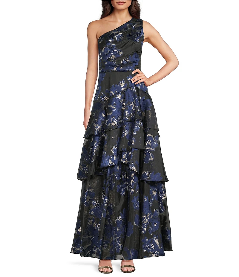 Aidan Mattox Jacquard One Shoulder Ruffle Tiered A-Line Gown
