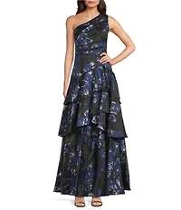 Aidan Mattox Jacquard One Shoulder Ruffle Tiered A-Line Gown
